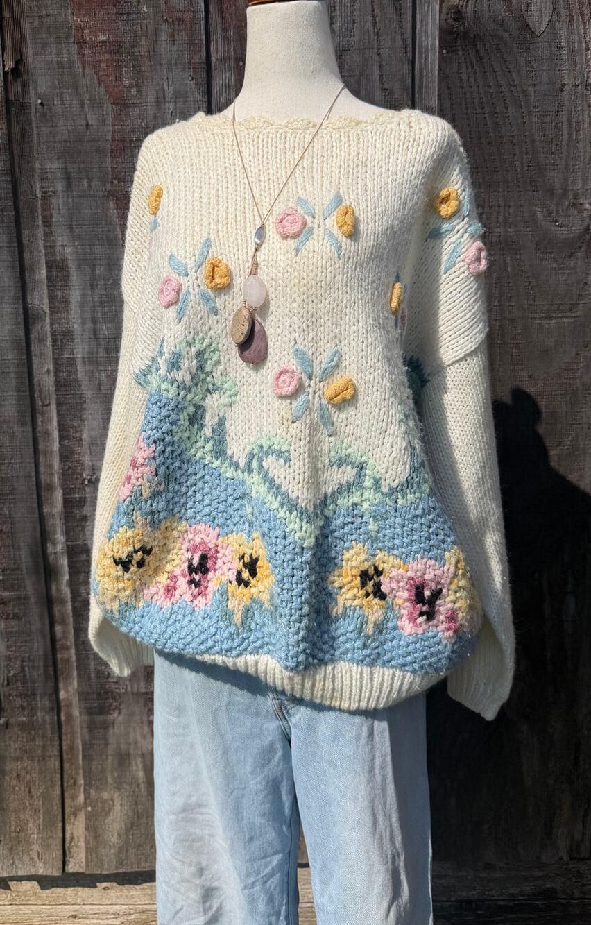 Vintage Hand Knit Floral Embroidered Sweater